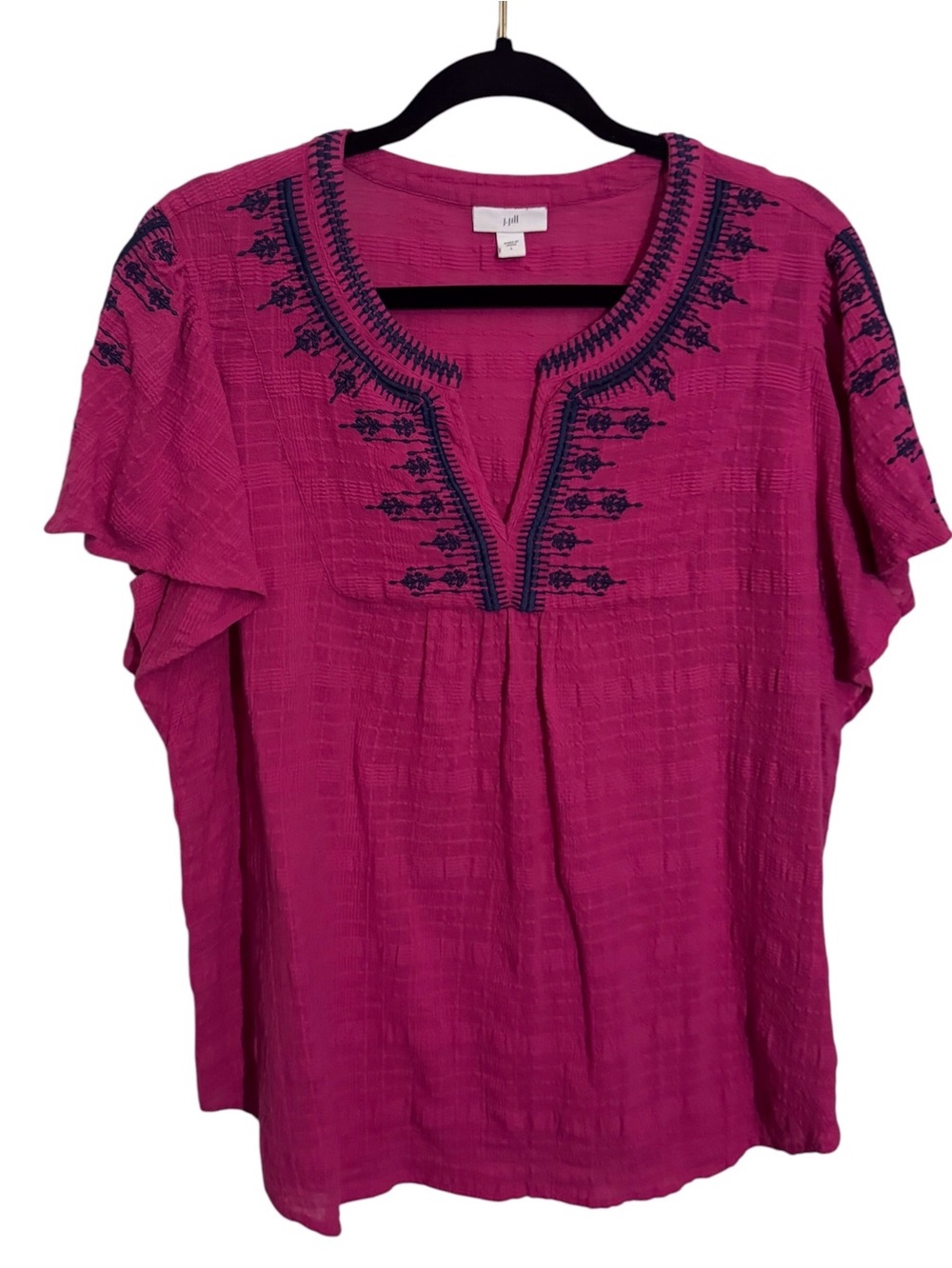 J. Jill Size Large Pink Embroidered Top Boho Beach Cotton Short Sleeve V-Neck